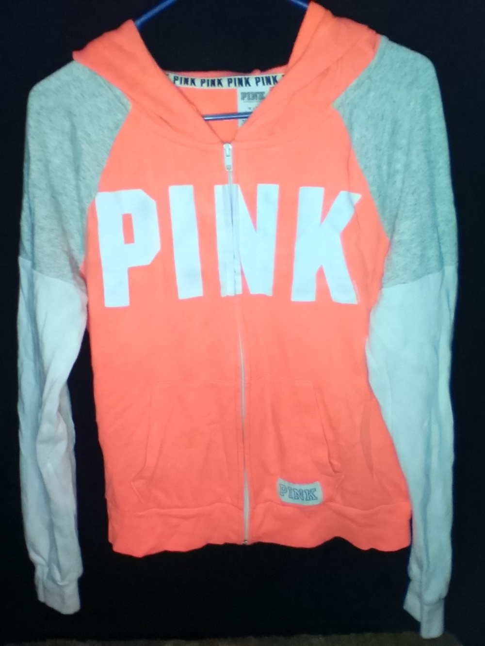 PINK Woman's Colorblock Zip Hoodie- Coral/Gray/White - Medium